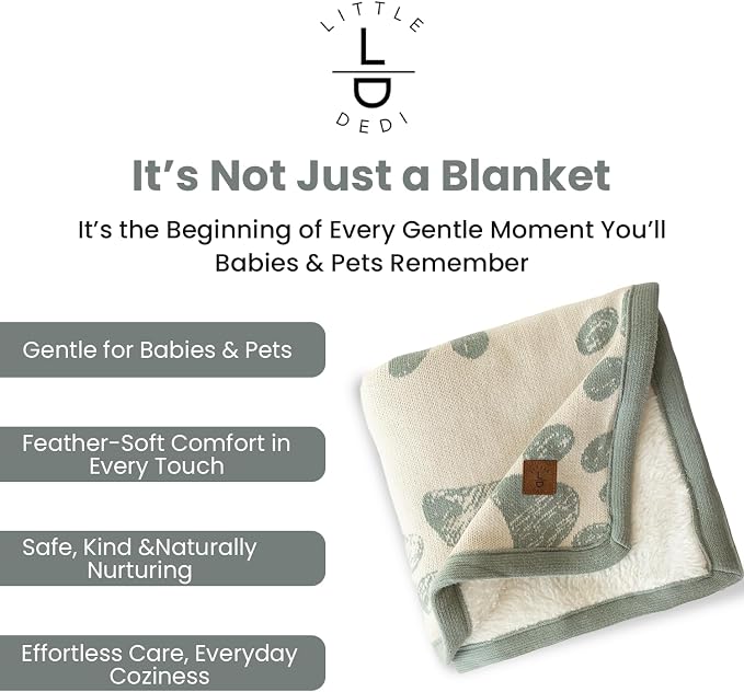 Baby & Pet Blanket 100% Cotton with Sherpa Fleece – Soft Stroller & Cuddle Blanket for Baby, Dog & Cat – Breathable, Hypoallergenic, Washable – 76×96 cm All-Season Blanket Reed Green Beige