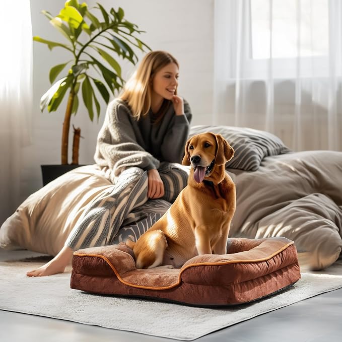 DUMOS Orthopedic Dog Beds for Large Sized Dogs, 35x25 Inch Machine Washable Cover Pet Bed, Anti-Slip Waterproof Memory Foam Couch Bed for Indoor Dogs and Cats, Brown