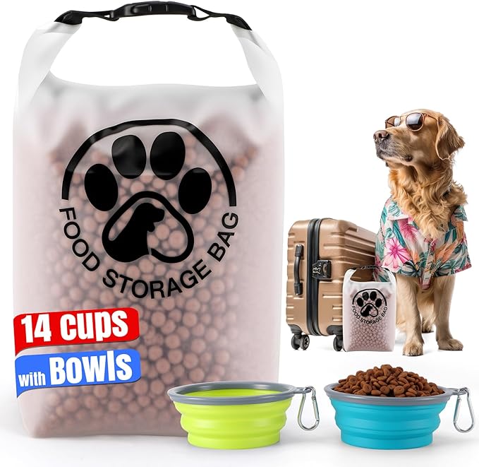 Pet Food Storage Bag for Travel - Transparent Leak-Proof Dog Food Container with Roll-Top Closure, Keeps Kibble Fresh for Camping Trip, Dog Boarding, Weekend Getaways (14 Cups+bowl)