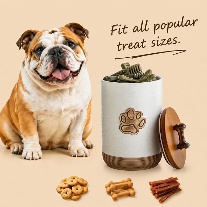 Miamolo Dog Treat Container, Airtight Dog Food Storage Container with Lid and Handle, Ceramic Pet Food Storage Jar for Kitchen Counter Farmhouse Dog Biscuit Jar, Dog Lovers Gift, Paw Glinting White
