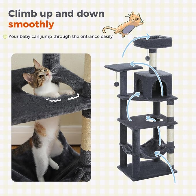 PEQULTI 56.3'' Cat Tree for Indoor Cats, Multi-Level Cat Tower with 2 Top Perch, Cat Condo, Hammock and Sisal-Covered Scratching Post, Smoky Grey