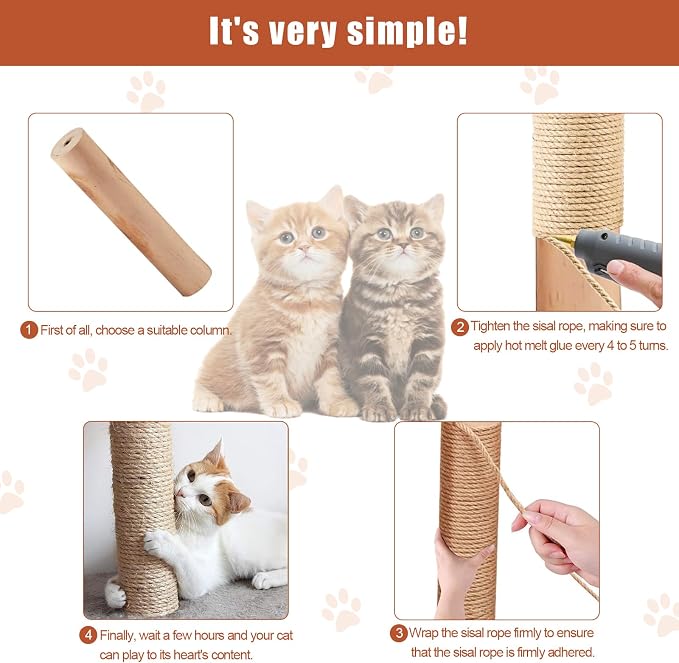 164FT/50M Natural Sisal Rope for Cat Scratching Posts, 6mm Thick Jute Hemp Cat Rope for Cat Tree Replacement, Cat Scratch Post Repair, DIY Projects, and Furniture Wrapping