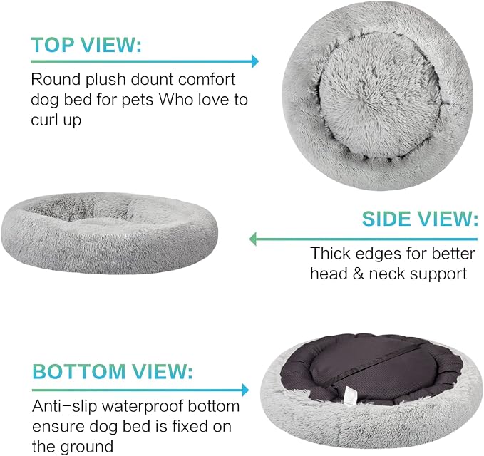 SAVFOX 54 inches Calming Donut Dog Bed - 3X Durable Plush Faux Fur, Machine Washable & Non-Slip, Fits up to 210 lbs, Removable Cover, Light Grey