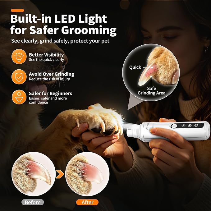 Dog Nail Grinder Whisper-Quiet Electric Cat Nail Trimmer with Light | 3 Grinding Bits, Smart Display, Low Vibration, Stress-Free Nail Grooming for Pets with Claw, No Over-Cutting, Rechargeable