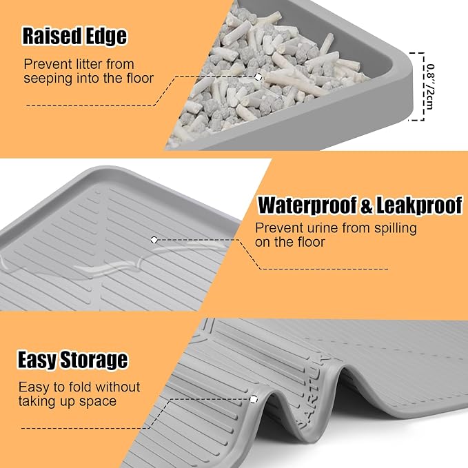 Silicone Cat Litter Mat 45" x 30" Cat Mat for Litter Box, Light Grey | Extra Large Cat Litter Trapping Mat for Floor, Waterproof, Non-Slip Kitty Litter Box Mat with Raised Edge, Easy to Clean