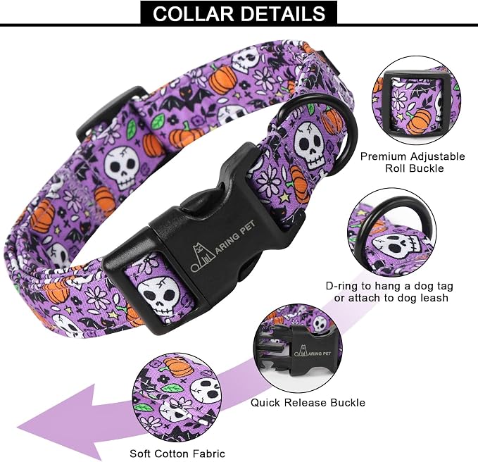 ARING PET Halloween Dog Collar-Cotton Purple Pumpkin Dog Collars, Adjustable Skull Bat Print Pet Collar Puppy Collars with Quick Release Buckle for Girl&Boy Dogs