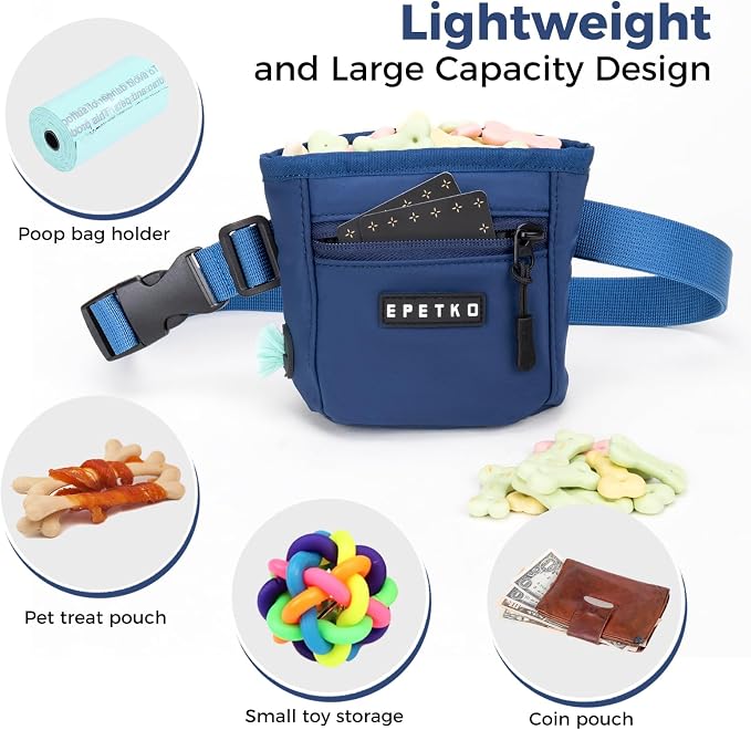Dog Treat Pouch, Powerful Magnet Closure Device Dog Training Treat Bag Large Capacity Pet Treat Pouch with Poop Bag Dispenser Treat Bag for Dog Training with Metal Waistband Clip (Deep Blue)