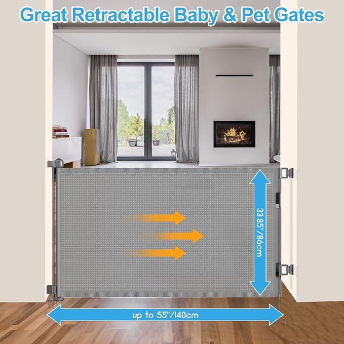 55 inch Retractable Baby Gates, EZIGO Extra Wide Baby Gate for Large Opening Extra Long Mesh Gate for Kids or Pet Dog Gate Child Safety Gate for Stairs Hallways Doorway Indoor Outdoor, Gray