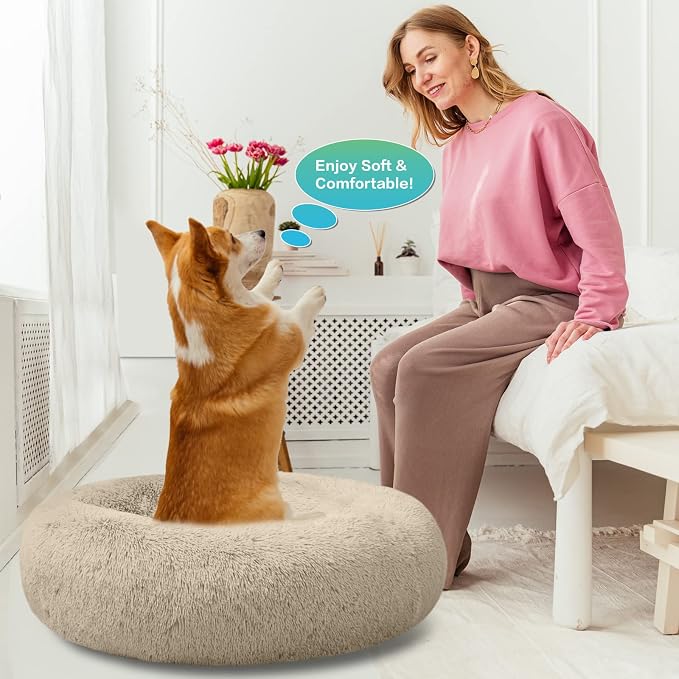 SAVFOX 45 inches Calming Donut Dog Bed - 3X Durable Plush Faux Fur, Machine Washable & Non-Slip, Fits up to 150 lbs, Beige