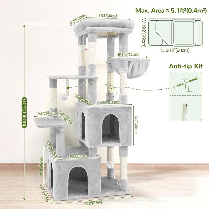 Globlazer Heavy Duty Cat Trees for Big Cats Maine Coon, F61, Cloud Grey | Cat Tower for Indoor Large Adult Cats with Scratching Post, Extra Large Top Perch, Cat Condos, 61inch