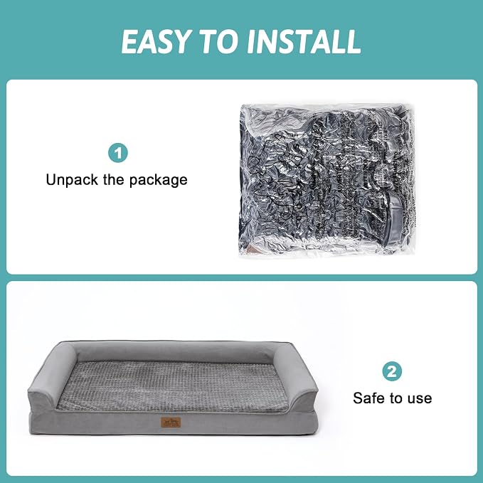 COZY KISS Orthopedic Dog Bed for Extra Large Dog, XL Pet Sofa, Bolster Foam Bed with Sides, Non-Slip and Egg-Crate Big Dog Couch Bed with Washable Removable Cover, U-Shaped, 42x30x7.5 inch, Grey