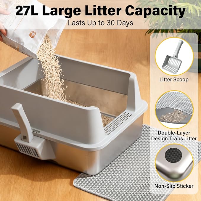 Stainless Steel Litter Box with Lid L to XL, XLarge Metal Litter Box for Big Cats, High-Sided Cat Litter Boxes for Anti Urine Splash, Odor Control,Easy to Clean, Includes Scoop and Mat