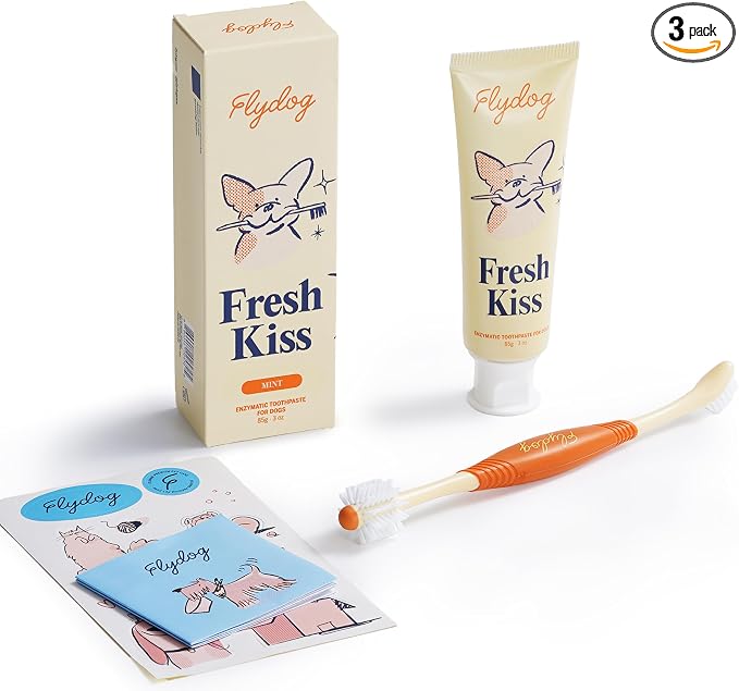 Flydog Fresh Kiss Dog Tooth Brushing Kit, Enzymatic Dog Toothbrush and Toothpaste- Vet Approved Formula, Breath Freshener & Tartar Remover, 360° Toothbrush for All Round Cleaning (Mild Mint)