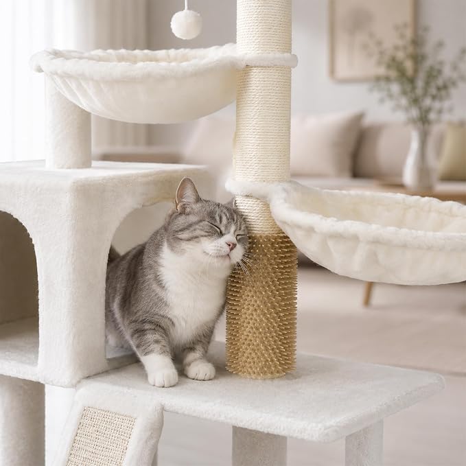 Smouatou Cat Tree with Cat Condo and Two Hammocks, Cat Tower with Scratching Posts and Scratching Pads Cat Toys, Beige