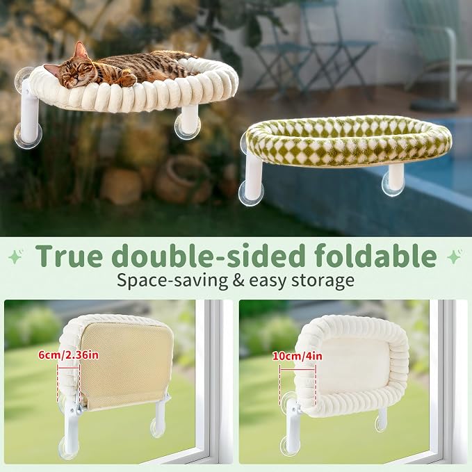 Sunhoo Foldable Cat Window Perch, Large Suction Cup Kitty Hammock, Tan | Windowsill Pet Bed for Cats Inside, Cordless Kitten Seat Supports 40 lbs, Soft Reversible Plush Cushion, Machine Washable