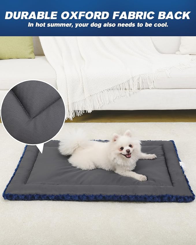 Exsnugy Washable Dog Bed Mat Medium Size Fluffy Pet Crate Pad 36x23 | Non-Slip Bottom Kennel Beds Ultra Soft Comfy Sleeping Mattress for Large Medium Small Dogs Blue