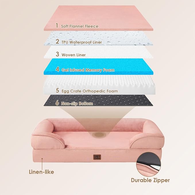 EHEYCIGA Orthopedic Dog Beds for Large Dogs, Waterproof Memory Foam Large Dog Bed with Sides, Non-Slip Bottom and Egg-Crate Foam Pet Couch Bed with Washable Removable Cover, Dusty Pink，36x27