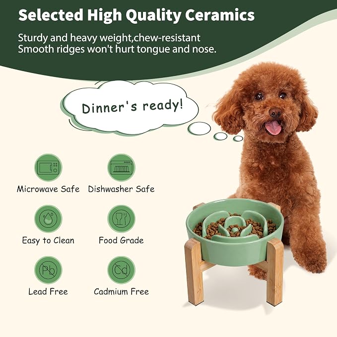 Elevated Slow Feeder Dog Bowl - Ceramic Maze Food Dish with Bamboo Stand - Raised Feeding Bowl for Fast Eaters Small and Medium Dogs - Green