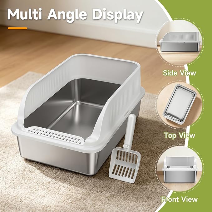 Stainless Steel Cat Litter Box with Lid, XL Extra Large High Sided Litter Box for Big Cats, Odor Free Open Top Litter Pan Easy Cleaning Anti-Urine Leakage Non-Stick, Includes Scoop, Light Grey
