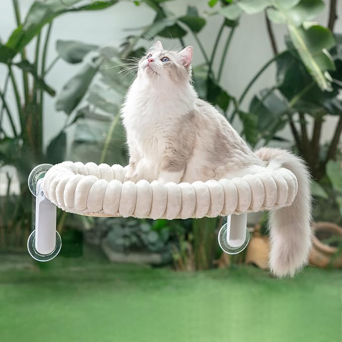 Sunhoo Foldable Cat Window Perch, Large Suction Cup Kitty Hammock, White | Windowsill Pet Bed for Cats Inside, Cordless Kitten Seat Supports 40 lbs, Soft Reversible Plush Cushion, Machine Washable