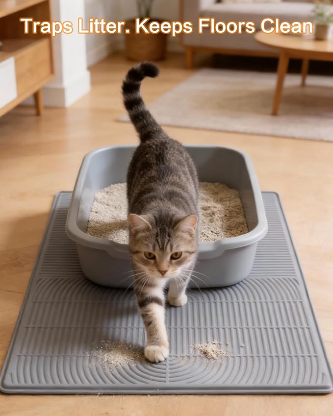 Extra Large Cat Litter Mat XL, 47" x 35", Silicone Waterproof | Traps litter, Easy to clean, Vacuum & wipe off, Waterproof backing, Non-slip design, Soft on paws
