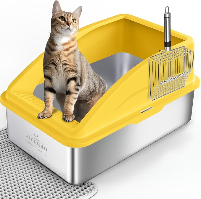 AIPERRO Stainless Steel Litter Box | XL Metal Cat Litter Boxes with Lid | Enclosed High Sided for Big Cats | Anti-Urine Leakage | Non-Stick & Easy to Clean with Litter Mat & Metal Scoop (Yellow)