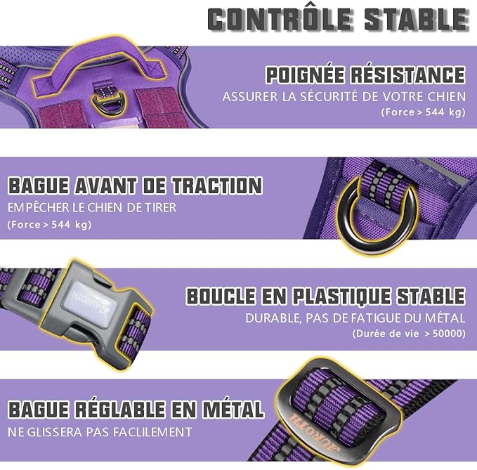 AUROTH Tactical Dog Harness for Large Dogs No Pull Adjustable Pet Harness Reflective K9 Working Training Easy Control Pet Vest Military Service Dog Harnesses Purple M