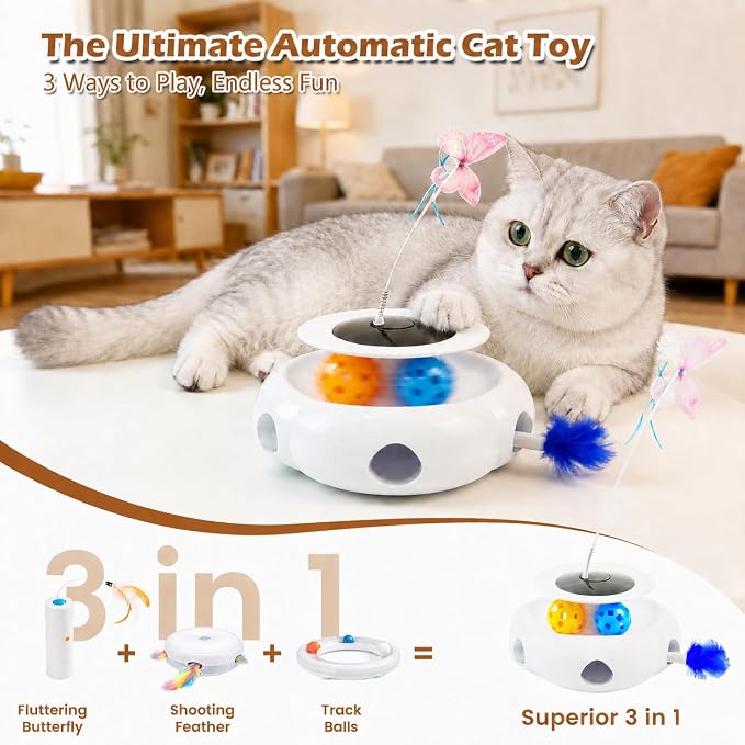 3-in-1 Interactive Cat Toy with Remote Control, Butterfly Wand & Automatic retractable feathers & Rolling Ball Track, Multi-functional Cat Toy for Indoor Cats, Suitable for Bored kitten, white