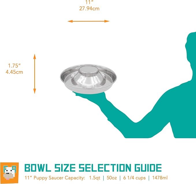 Fuzzy Puppy Feeding Bowls for Litters of Puppies: Welping Dishes for Weaning Puppies & Kittens, Wide Non-Tip Base Puppy Feeder, Also a Great Adult Dog Bowl Slow Feeder | Stainless Steel, 11" (PS-11)