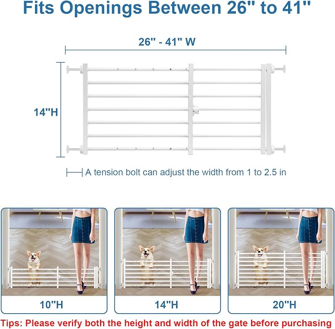 Malier Indoor Dog Gate with Door, 26-41" Extra Wide Full Metal Pet Gate Short Dog Gate for Stairs, Pressure Mount 14'' Tall Small Puppy Low Gate Easy Step Over for Doorways