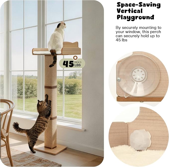 Cat Window Perch with Thick Sisal Scratching Post, Cat Hammock for Window, 53.5" Adjustable Tall Cats Scratching Post with 2 Upgrade Suction Cups, Cats Window Bed with Fluffy Cushion, Jute