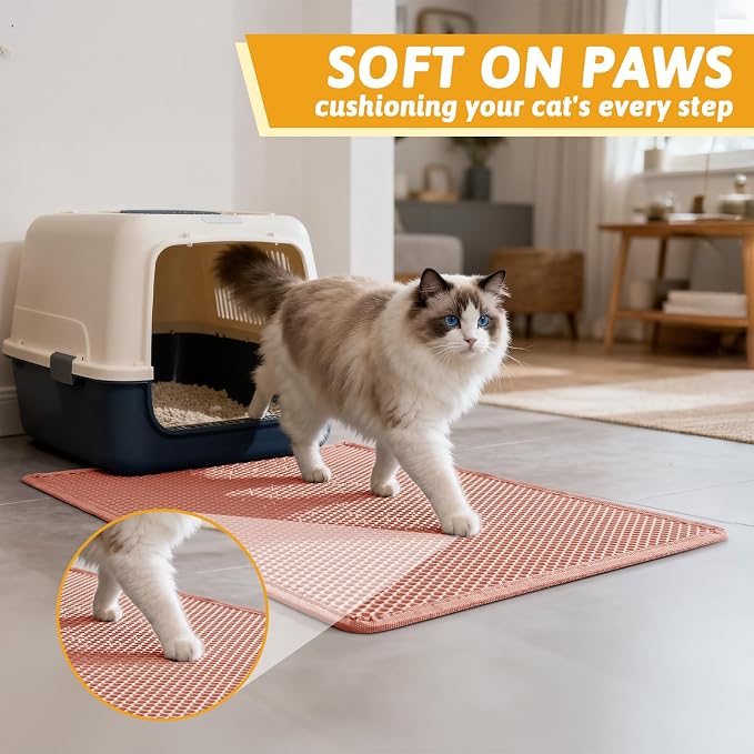 Pieviev Litter Mat, Double-Layer Waterproof Design, 30" x 24" Coral Red | Honeycomb Litter Trapping Mat Captures Scattered Particles to Stop Tracking, Waterproof Base Protects Floors, Easy to Clean