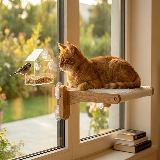 Cat Window Perch with Bird Feeder,Suction Cup Window Cat Bed for Large Cats | Solid Wood Frame, Plush Washable Cover. Suction Cups Support Up To 50 Lbs On Flat Glass. Foldable Design, Tool-Free Setup.