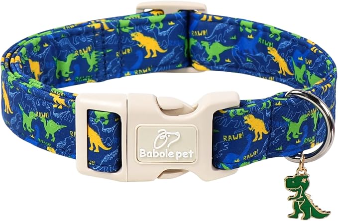 Dinosaur Dog Collar, Cute Boy Dog Collars for Medium Dogs - Blue Multicolor Dino Cotton Male Dogs Collar, Soft Adjustable Daily Pet Collars with Quick Release Buckle M