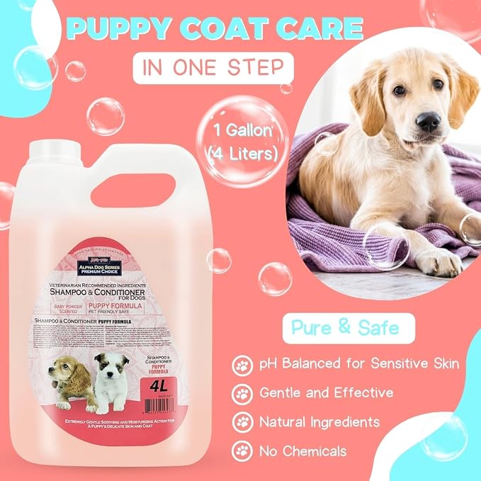 Natural Puppy Shampoo and Conditioner Tear Free with Aloe Vera, pH-Balanced Shampoo for Puppies, Tearless Dog Shampoo and Conditioner, Puppy Wash Sensitive Skin 4L (1 Gallon)
