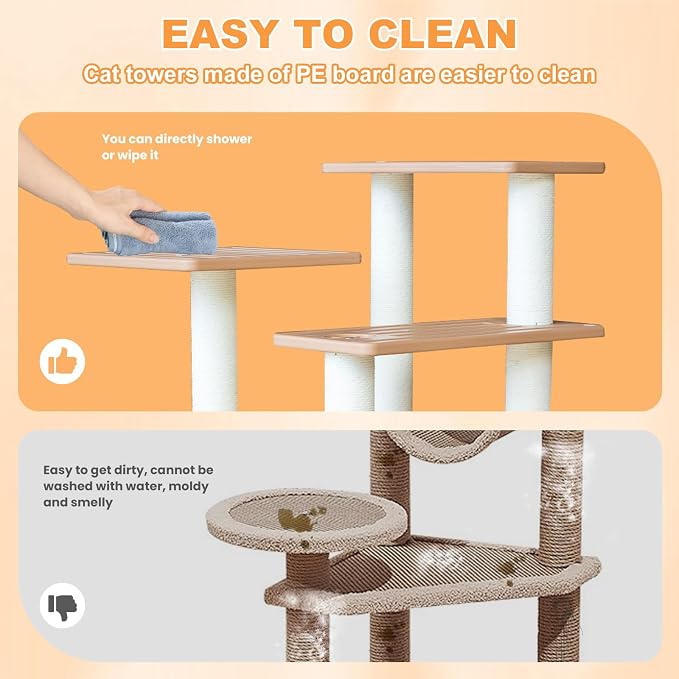 62"Tall Outdoor Cat Tree,Weatherproof Large Cat Condo with Scratching Posts | Khaki Multi-Level Cat Tree Design,Polypropylene Scratching Posts,Suitable for Indoor and Outside Use,Easy to Assemble CTT-10
