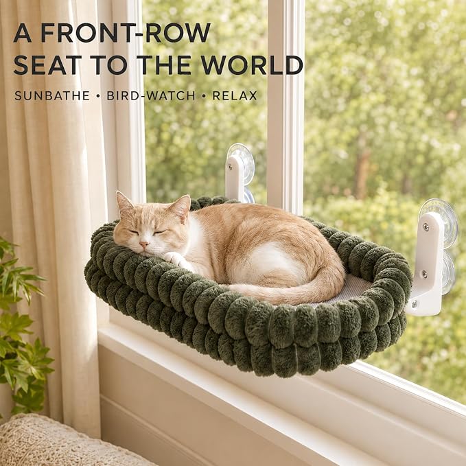CHEERPALS Cat Window Perch for Indoor Cats Hammock for Window with Reversible Cushion, Foldable Cat Window Bed for Large Cats and Kittens, Cloud Series(Green,Large)