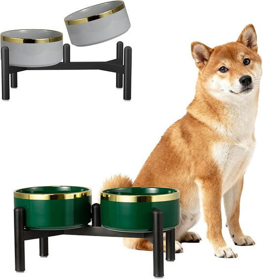 Ceramic Elevated Dog Bowl Set - Dog Feeder Station with Double Bowls for Small and Medium Size Breed - Non-Slip Raised Dish for Food and Water Feeding- 6 Inch - 3.5 Cups / 22 fl oz - Green