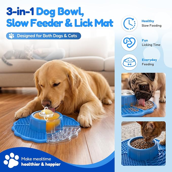 3-in-1 Slow Feeder Dog Bowl with Rolling Ball & Lick Mat for Dogs and Cats, 10oz Capacity, Helps Slow Eating & Calm Feeding & Mental Enrichment, for Indoor & Outdoor Use