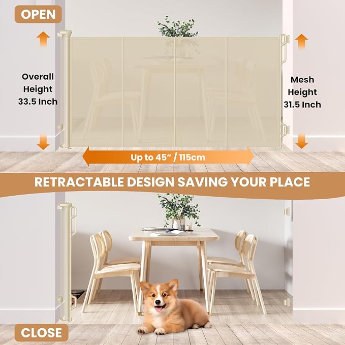 Spaceany Reinforced Retractable Baby Gate or Mesh Dog Gate,Easy to Use for Stairs, Doorways, Hallways, Indoor, Outdoor, Wide Pet Gate 33.5" Tall, Extends to 45" Wide, Cream