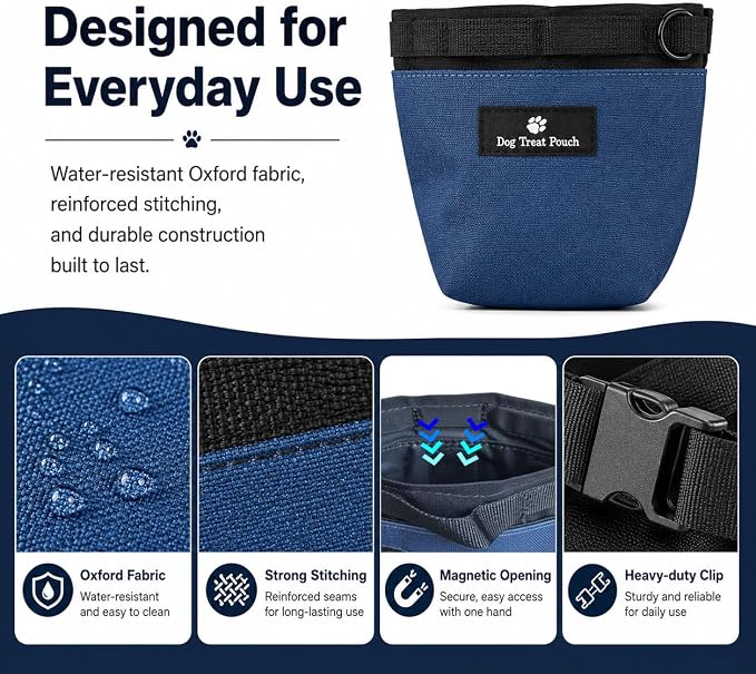 Dog Treat Pouch for Training, Magnetic Closure, Hands-Free (Navy) | Dog Treat Bag, Holds Up to 2 Cups, Adjustable Waist Belt for Puppy Training & Walking