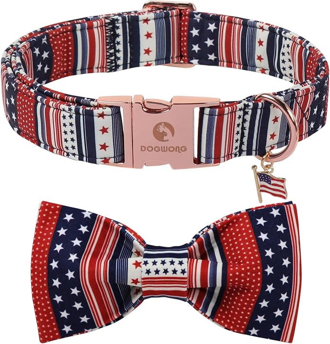 American Flag 4 of July Dog Bow Collar, Independence Day Adjustable Patriotic Dog Collar with Bowtie for Large Dogs,L