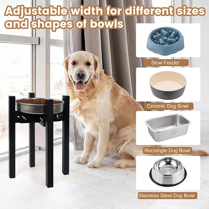 Elevated Dog Bowl Stand Adjustable Dog Food Holder 14”H Large Black | 14” Elevated Dog Bowl Stand, Large Dogs, Adjustable, Fits 8”-11” Bowls, Single Bowl Holder, Natural Bamboo, Classic Black