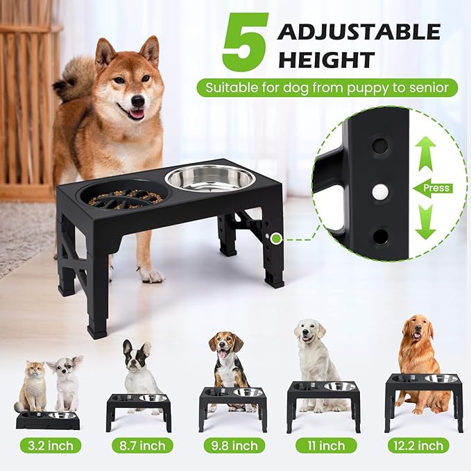 Elevated Dog Bowls with 5 Adjustable Heights Stand | Stainless Steel Bowls, Slow Feeder, 3.2" to 12.2" Hegiht Raised Dog Bowl for Small to Large Dogs