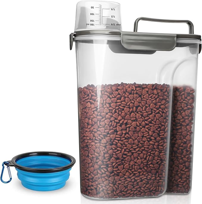 TIOVERY Dog Food Storage Container, 5-7 Lbs Airtight Pet Food Container, Cat Food Container Dispenser Plastic Bin with Pouring Spout, Portable Handle and a Collapsible bowl for Dogs Cats Grey/6Qt