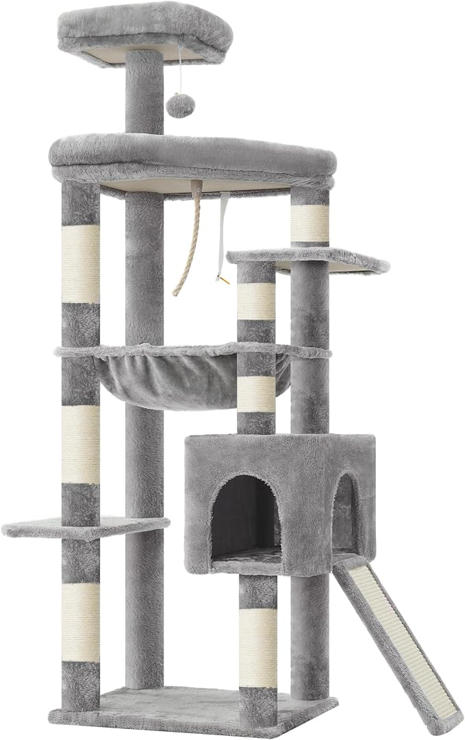 Heybly 64.2" Heavy-Duty Cat Tree for Large Cats with Wide Base HCT027W | Indoor Cat Tower with Scratching Posts & Board, Cat Furniture with Big Platforms, Extra-Large Hammock, Light Gray