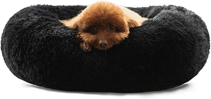 HACHIKITTY Calming Donut Cuddler Dog Bed, Round Fluffy Pet Bed for Small Dogs,Washable, Large, Black, 24''