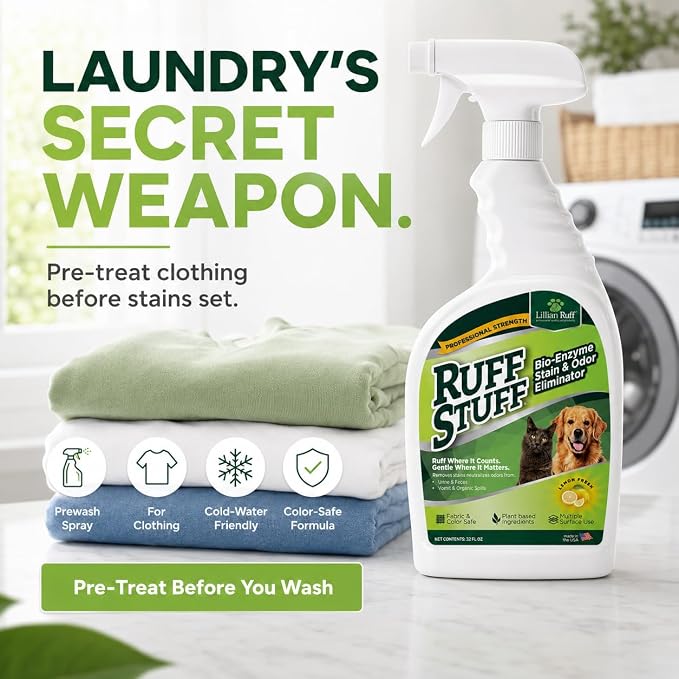 RUFF STUFF Max-Strength Bioenzyme Cleaner, Pet Stain & Odor Eliminator, Laundry Stain Remover Spray for Clothes, Dog Urine Carpet & Upholstery Cleaner, Lemon Scent, 32 Fl Oz