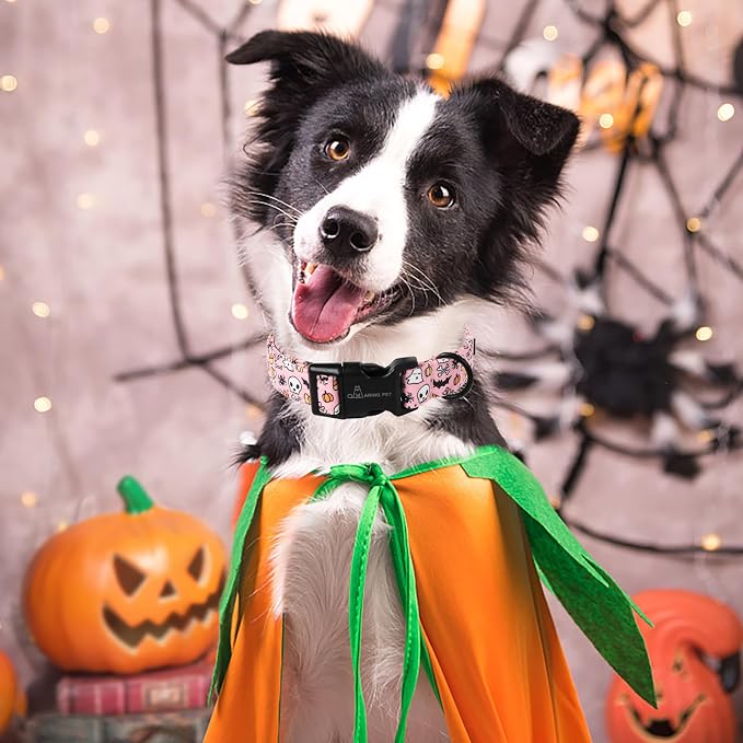 ARING PET Halloween Dog Collars, Cute Pink Pumpkin Ghost Bat Spider Skull Pet Collar with Quick Release Buckle for Small Medium Large Girl Boy Dogs-L