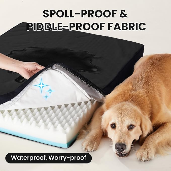 OhGeni Orthopedic Waterproof Dog Bed for Large Dogs, Machine-Washable Removable Cover in Easy-Clean Fabric, Reversible Memory Foam & Easy-Carry Handle, Suitable for Crate, 41 inch (Black)
